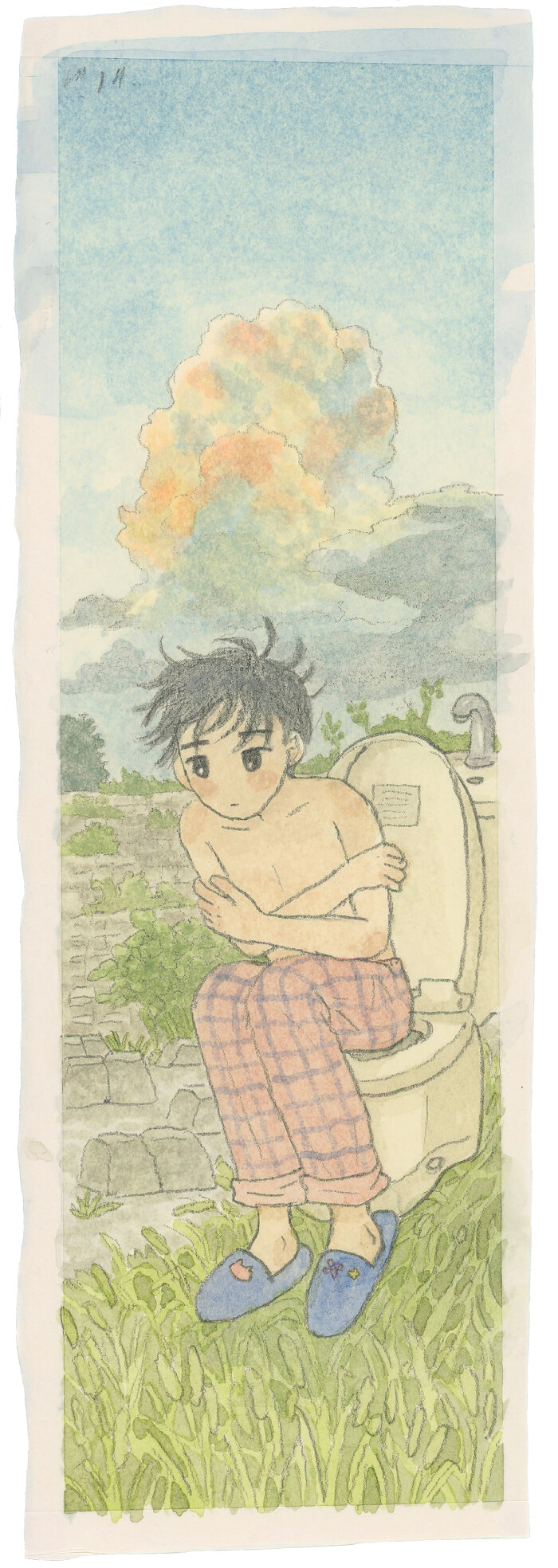 水彩画。男の子が、多摩川の河川敷にあるトイレに座っている。